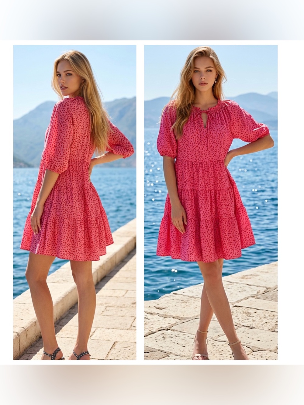 Michelle McDowell Women’s Sz L spotted tiered mini dress pockets 3/4 sleeve